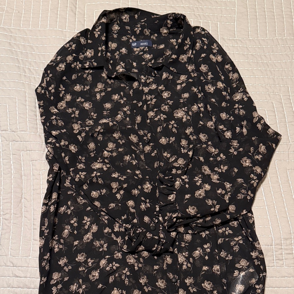Gap Black Floral Button Down Pullover Blouse/Shirt - image 2